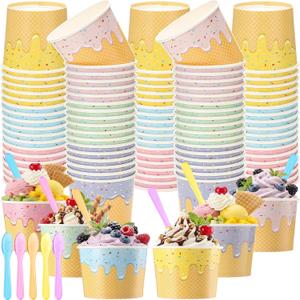 Jingmore 60 Set Paper Ice Cream Cups Bulk with Spoons 6 oz Disposable Sundae Bowls Colorful Paper Dessert Cups Containers for Snack Yogurt Soup Summer Bar Party Supplies