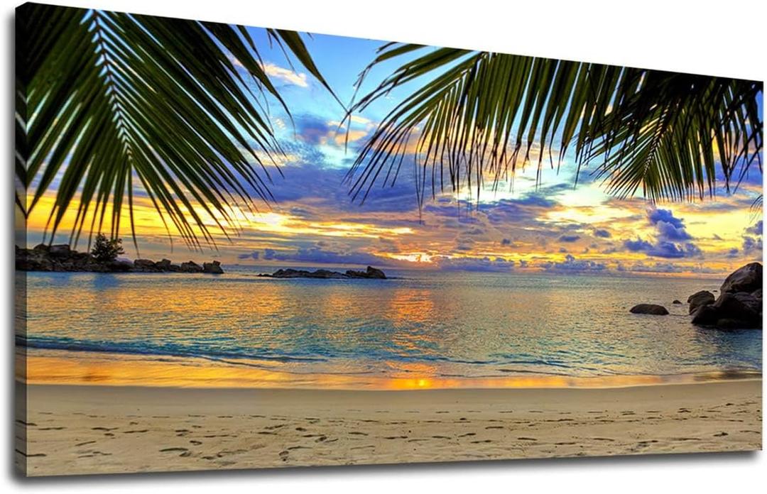 yearainn Canvas Wall Art Tropic Beach Sunset Palm Tree Leaves Large Nature Pictures Coast Landscape Canvas Artwork Seascape Ocean Contemporary Prints for Living Room Home Office Wall Decor 29" x 58"