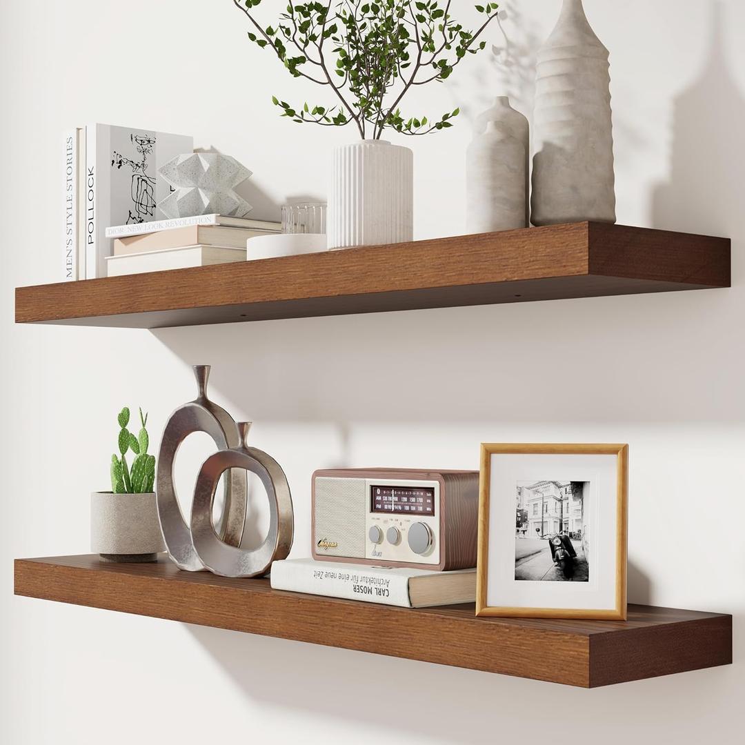 fuqing Rustic Floating Shelves for Wall, 36 Inch Floating Shelves Set of 2, Solid Dark Wood Wall Shelves for Living Room Bedroom Bathroom (Walnut)