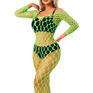 Exotic Fishnet Bodystocking, Rave Glow Outfits, One Size, Sheer Mesh Dancewear Sexy Jumpsuit Plus Wear Dancer (Neon Green)