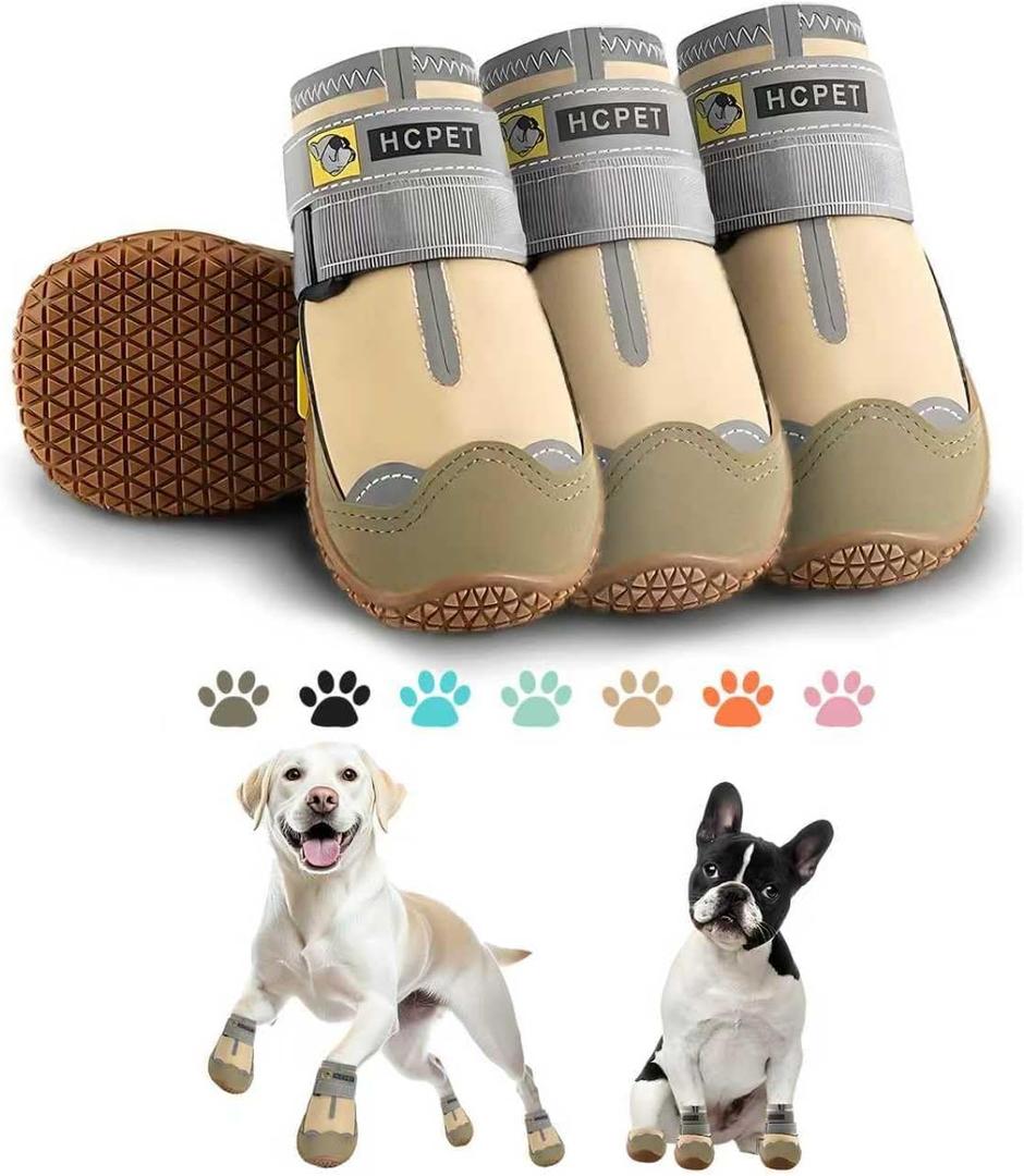 Hcpet Dog Shoes for Dogs, Dog Booties for Dogs, Anti-Slip Dog Boots & Paw Protectors for Hot Pavement Winter Snow Hiking with Reflective Straps Khaki Size 4, 4PCS (Width 1.96 in)