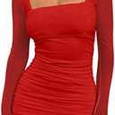 BORIFLORS Women's Sexy Ruched Bodycon Mini Dress Mesh Long Sleeve Club Party Short Dresses XL