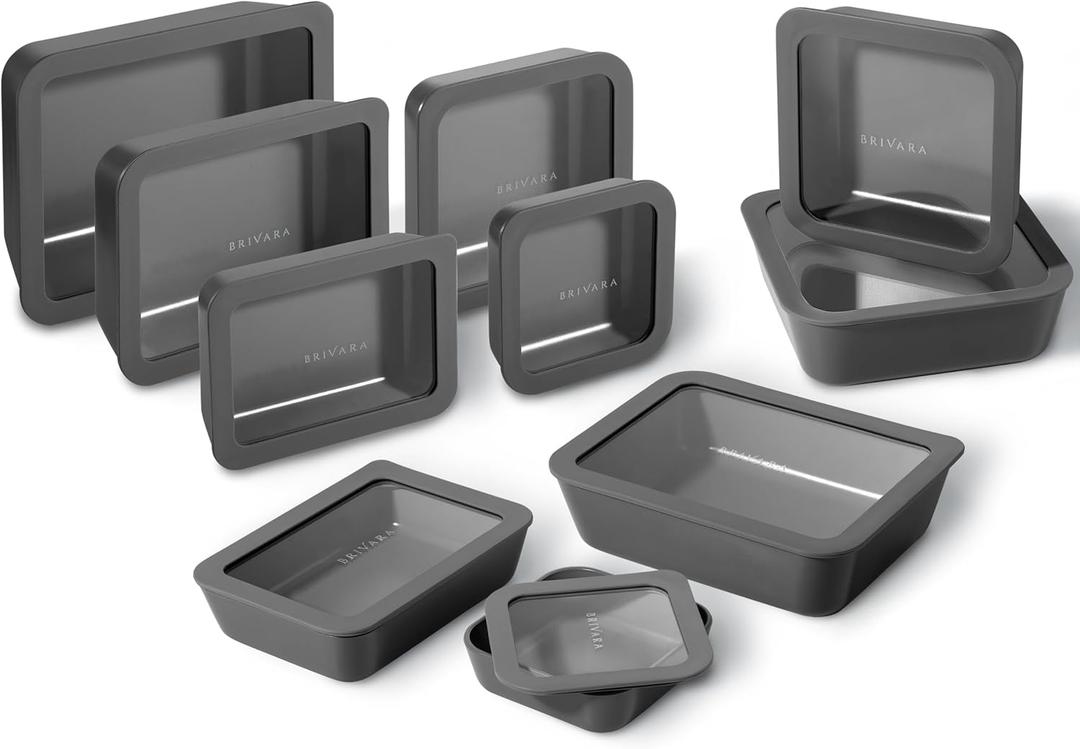 Ceramic Coated Glass Food Storage Containers | No PTFE, PFOA, PFAS, and BPA | Reusable Non Toxic Meal Prep Containers with Glass Lids | Easy To Store | 5 Piece Set [Onyx]