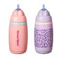Tommee Tippee Active Straw Toddler Cups, 9 oz, Insulated Sippy Cups For Toddlers 1-3, Silicone Straw and Leak-Proof Valve, Pink and Purple, Pack of 2