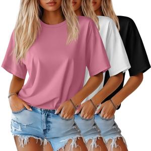 Huukeay 3 Pack Women's Half Sleeve T-Shirts, Crew Neck Elbow Length Tops Loose Casual Basic Tees Summer Cotton Tunic Tops (XX-Large, Black, Peach Pink, White)