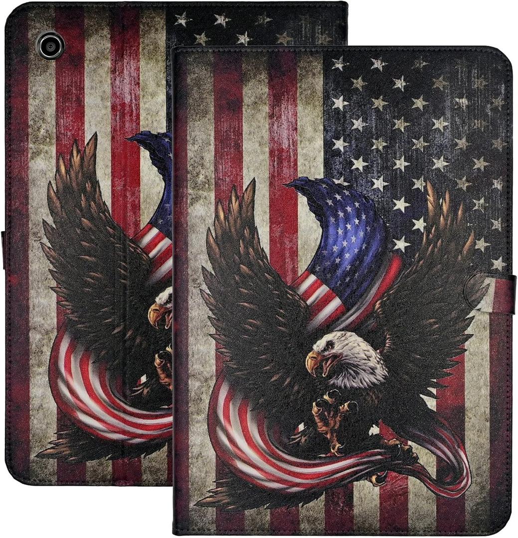 YHB Case for Amazon Fire HD 10 Tablet (7th and 9th Generation, 2017 and 2019 Release), Premium PU Leather Folding Stand Shell TPU Protective Cover, Bald Eagle American Flag
