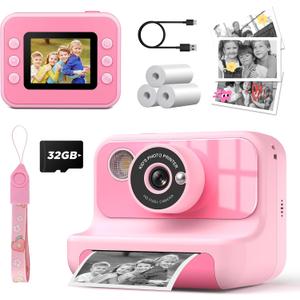 Instant Print Camera for Kids, 1080P Digital Video Cameras, Christmas Birthday Gifts Toys for Age 3-12, Toddler Camera for 4 5 6 7 8 9 10 Year Old Girls - Pink