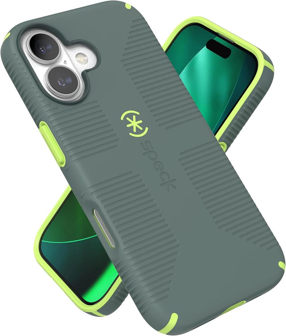 Speck CANDYSHELL Grip +MS Case for iPhone 17 - NEO DRAB/Glow Green | Slim Protective Grip | Drop Protection | MagSafe Compatible (Gray)