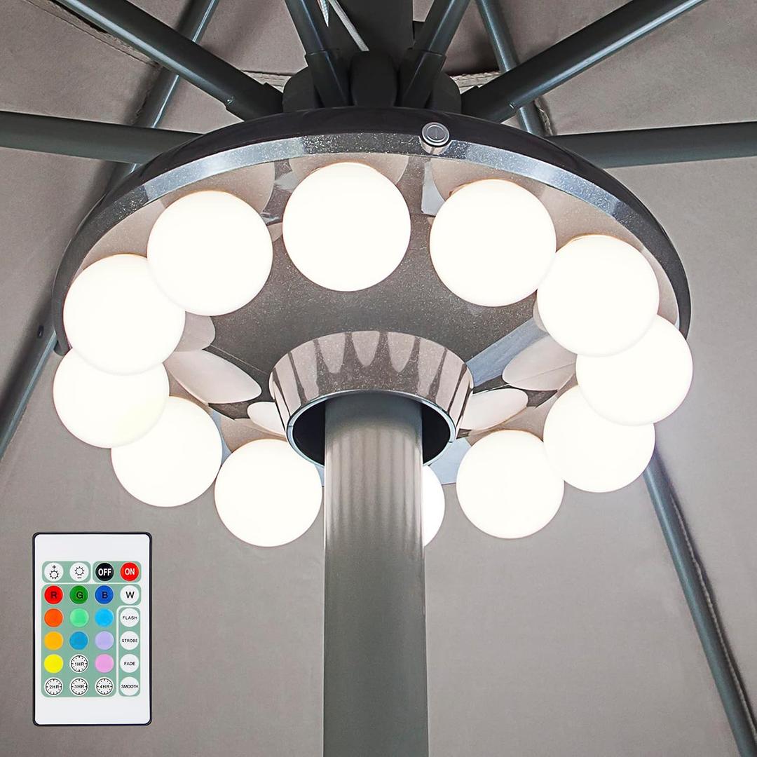 Patio Umbrella Light, 3xD Battery Operated Umbrella Pole Light with Remote 80Ft Through Wall, 12 Bulb 60 LEDs, 4 Modes, 12 Color Changing Outdoor Camping Light with Hanging Ring for Umbrella