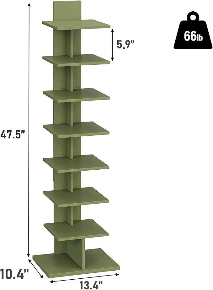 TUTOTAK Bookshelf, 8Tier Bookcase, Narrow Spine Book Shelf for Small Space, Corner Standing Shelf for Living Room, Office, Study, Entryway, Olive Green BS06BOG008