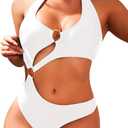 Women One Piece Swimsuit Slimming Cutout Fashoin Swimwear Metal Ring Bathing Suit Female Beachwear (Medium, White)