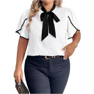 Women's Plus Size Work Office Blouse Bow Tie Neck Petal Sleeve Business Casual Blouse Shirts Top (3X-Large Plus, White)