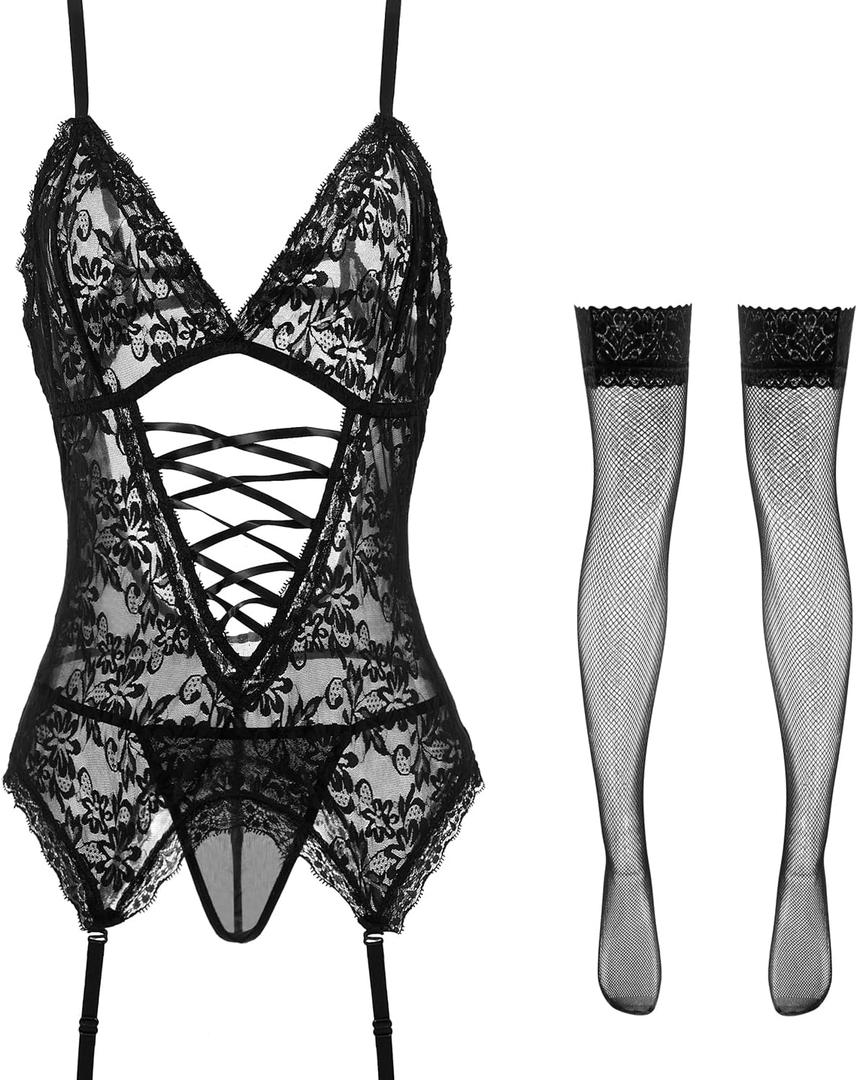 Anyou Lingerie for women, Womens Lingerie Stretchy Lace Teddy Plus Size lingerie with Stockings Size S (Black)