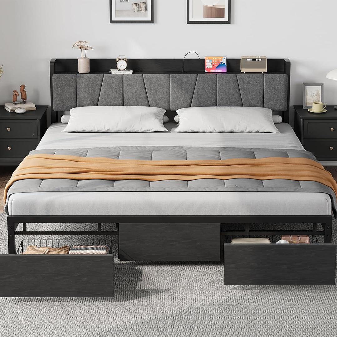 GarveeHome King Size Bed Frame with Storage Headboard, Black King Platform Bed with 2 Large Drawers and Charging Station, Industrial No Box Spring Needed Bedframe