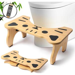 Bamboo Toilet Stool Foldable, 7 in Poop Stool for Bathroom, Portable Squatting Potty Stool for Adults & Kids, Non-Slip Toilet Foot Pooping Steps, No Assembly Required
