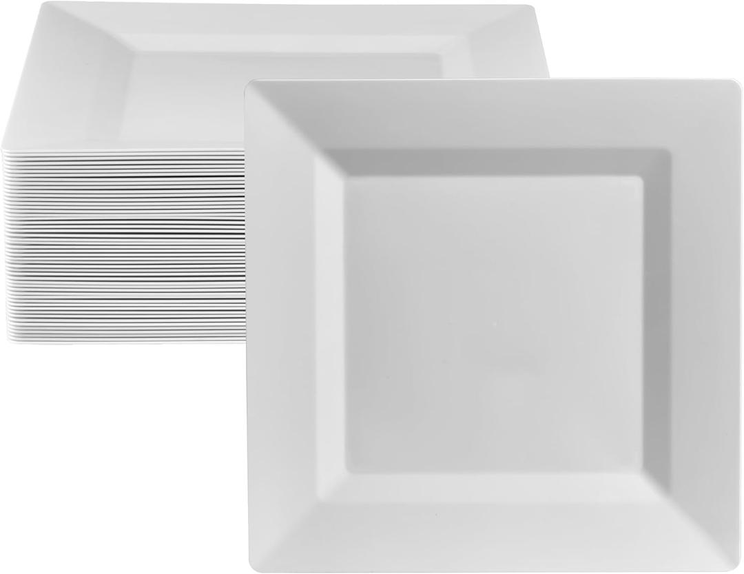 Oasis Creations White Square Plates Set 10" - 50 count - Premium Hard White Plastic - Disposable and Reusable - Salad Appetizer Dinner Party Plate Set