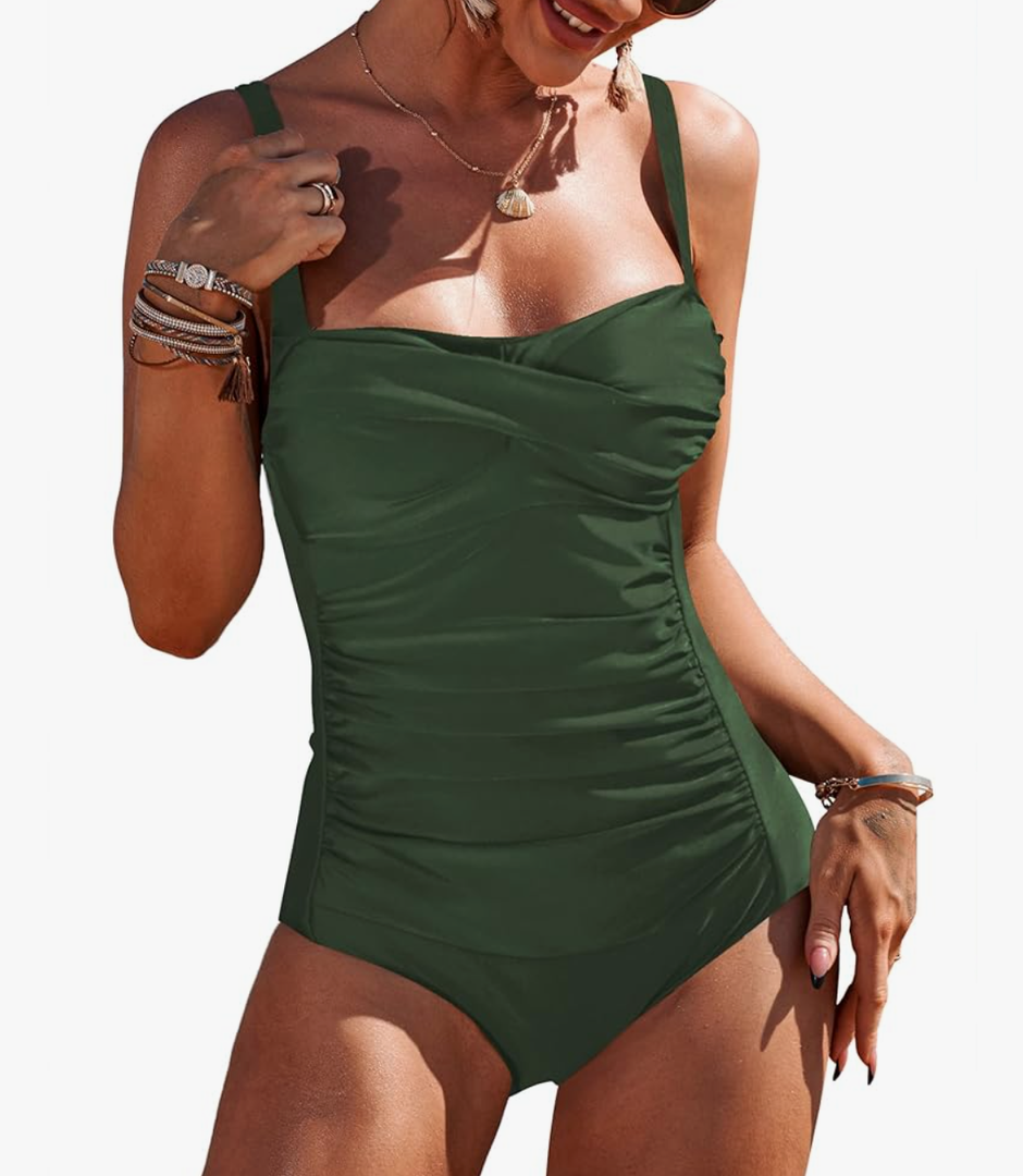 Ekouaer Women's One Piece Swimsuit Ruched Tummy Control Bathing Suits Vintage Retro Push Up Swimwear, Size: XL