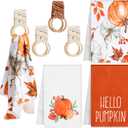 6 Pcs Thanksgiving Kitchen Decor Include 3 Fall Pumpkin Dish Towels and 3 Dish Towel Holder Boho Crochet Towel Ring Fall Decoration Set for Oven, Fridge, Housewarming Gifts, 16"x28"
