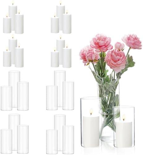 PNJHDZ 12 Pcs White Pillar Candles and Glass Candle Holders, Clear Cylinder Vases Pillar Candle Holders for Pillar Candles, Hurricane Candle Set for Wedding Party, Event, Home Office Decor