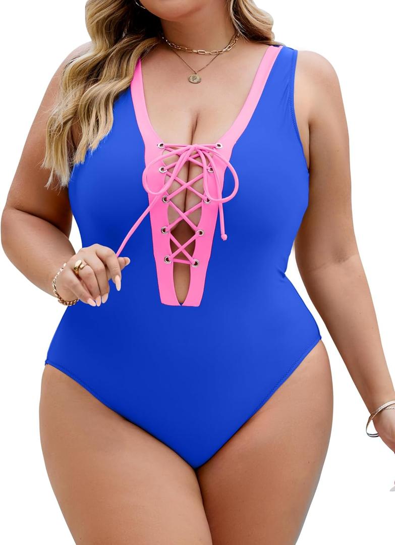 Plus Size Swimsuit for Women Tummy Control Bathing Suits Full Coverage Swimsuits Color Block One Piece Swim Suit (Blue, XXXL)