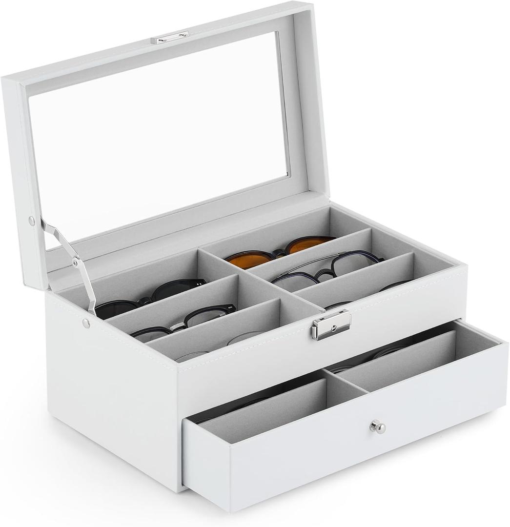 CO-Z Sunglasses Organizer with 12 Slots, Leather Eyeglasses Storage Box for Women Men, 2 Story Lockable Display Case for Multiple Glasses, Sunglasses Jewelry Collection Holder with Drawer, White