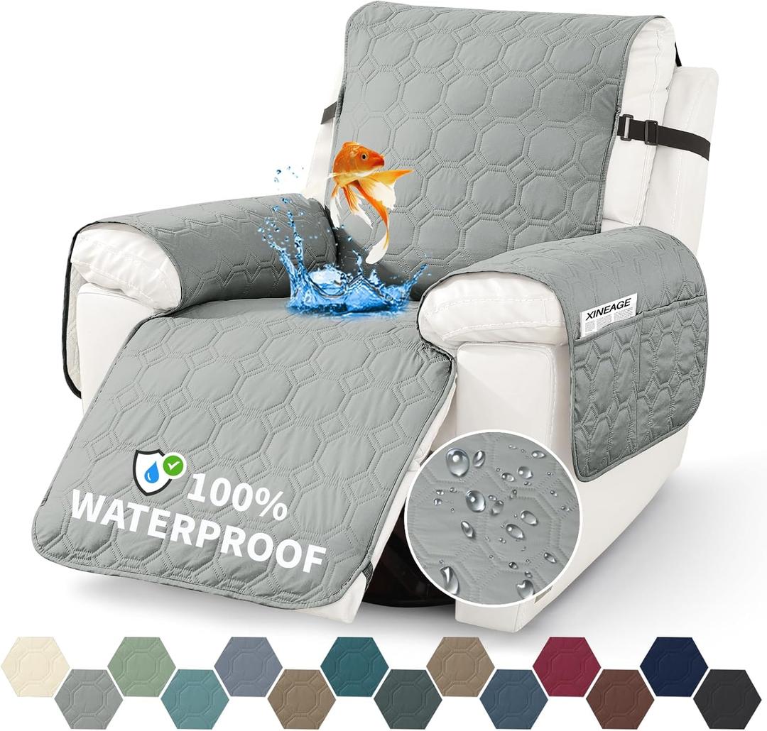 XINEAGE Clearance 100% Waterproof Recliner Chair Cover, Non Slip Covers for Recliner Chair with Pocket, Washable Dog Recliner Couch Cover with Elastic Straps (Light Gray, 23.6")