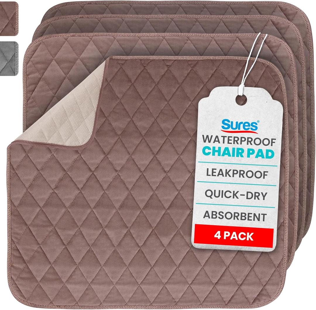 Sures Waterproof Chair Pads for Incontinence (22" x 21") - Washable Seat Protector - Chair Cover - Absorbent Pad for Bed, Seat, Car, Wheelchair & Recliner (Brown, 4 Pack)
