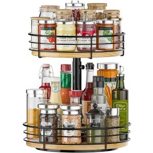 Lazy Susan Spice Rack Organizer Turntable Height Adjustable, 12 Inch Wood Lazy Susan 2 Tier, Rotating Spice Rack Organizer for Cabinet Dining Table Top Kitchen Bathroom Countertop Black