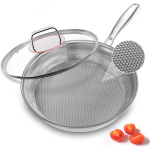 Stainless Steel Frying Pan with Lid, 11.8inch 5-Ply Stainless Steel Pan,PTFE & PFOA Free, All Stovetop Compatible,Dishwasher and Oven Safe