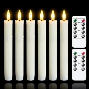 Flameless Flickering Taper Candles Two Remote, 7.5 Inch Ivory Battery Operated LED Window Candles Timer,Set of 6 Plastic 3D-Wick Dripping-Wax Effect Flameless Candlesticks(0.86Dia,Warm Fire)