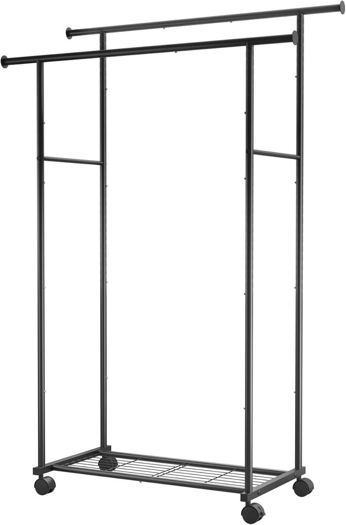 Metal Clothes Rack - Double Rod Clothing Rack with Fixed Extension Rod & Universal Wheels, Coat Rack with Built-In Shelf for Closet Organizers and Storage (38.5''  16.5''  57.4'', Black)