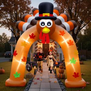 Spinosaurus 9FT Thanksgiving Inflatable Turkey Arch Thanksgiving Inflatables Outdoor Decorations Blow Ups Turkey Archway with LEDs for Yard Decor