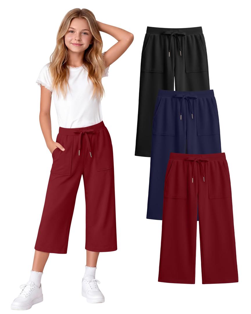 Langyiwee 3 Pack Girls' Capri School Pants, 3-Color, 7-8 Years