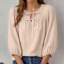 Womens Tops 3/4 Puff Sleeve Bow Tie Front Spring Easter Shirts Dressy Casual Elegant Flowy Loose Babydoll Blouses