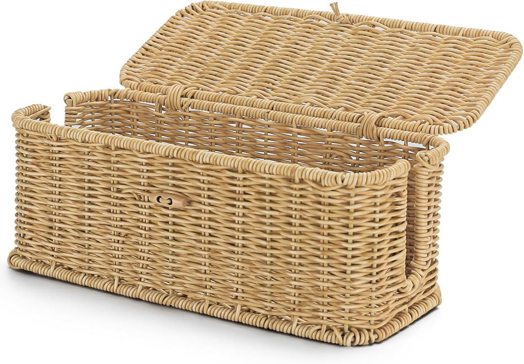 Wicker Storage Basket With Lid, Toilet Paper Basket For Toilet Tank, Pads And Tampon Holder For Bathroom, Rectangular Woven Kitchen Organizer, Home Decorative Storage Box