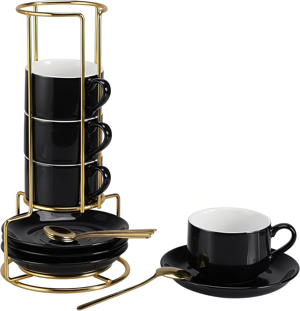 3 Ounce Espresso Cups Set of 4, Stackable Demitasse Mugs, Includes Display Stand, Cups Saucers, and Spoons, for Machines & Home Use, Black, Gold Tone