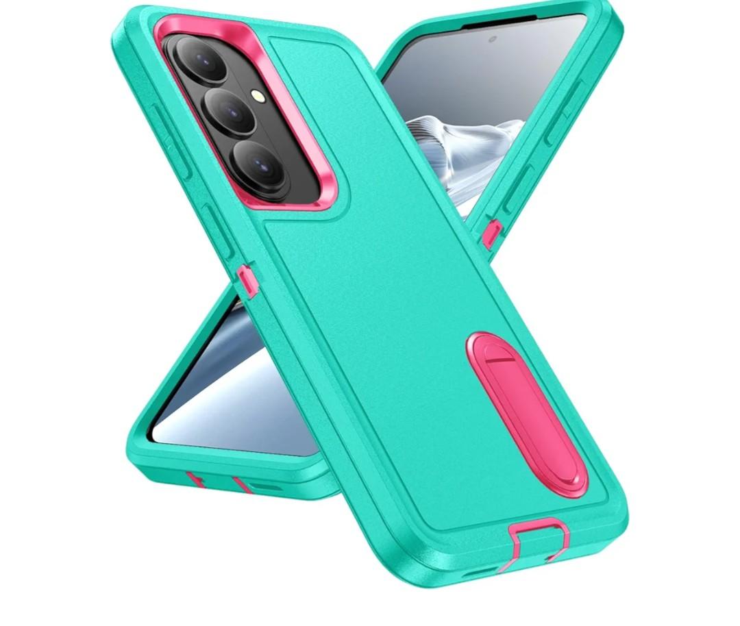for Samsung Galaxy S26 Case with Kickstand Case 3-Layer Military Grade Protective Case Cover Silicone Heavy Duty Rugged Shockproof for Galaxy S26 Phone Case (Cyan+Rose Red