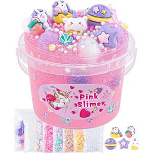 10 FL OZ Unicorn Slime Kit, Pink Clear Slime Bucket, Slimes Party Favors for Kids, Glimmer Crunchy Slimes Includes 9 Packs of Add-ins, Sensory Experience DIY Toys for Girls and Boys Ages 8-12