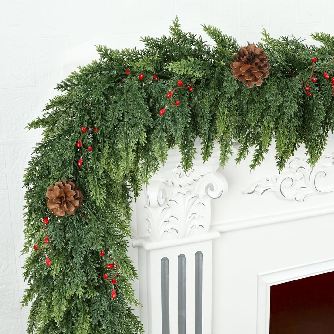 Realistic Christmas Garland for Mantle 6FT Real Touch Thick/Lush Artificial Cedar Garlands with Pine Cones/Red Berries Christmas Decorations Indoor Garland for Stairs Railing Outdoor Holiday Decor