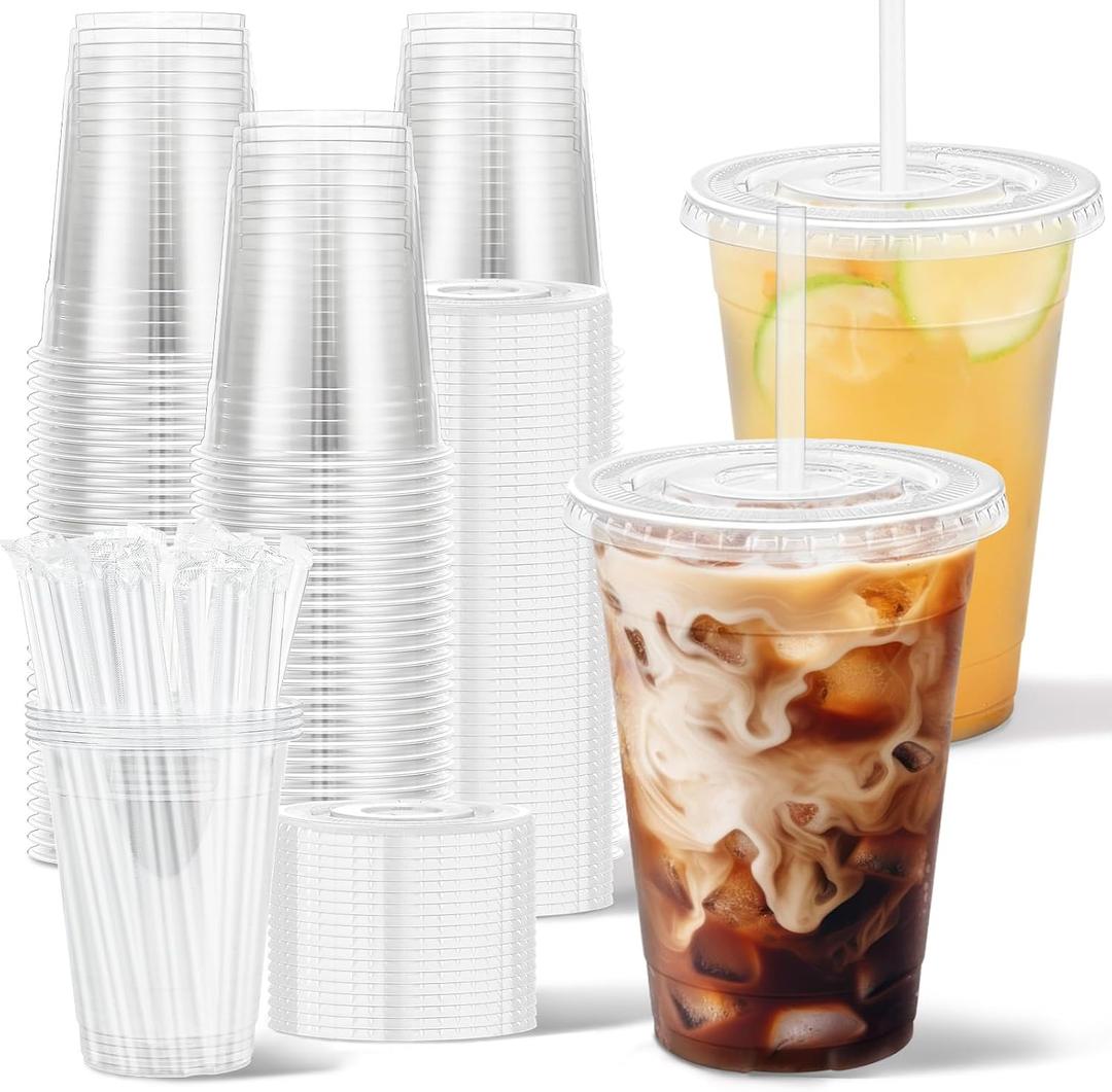 Clawsoff 100 Pack 16 oz Plastic Cups with Lids and Straws, Disposable Clear Coffee Cups with Lids, Sturdy To Go Cups for Iced Coffee, Smoothies, Milkshake, Cold Drinks (EXP 02/04/26)