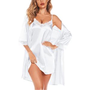 SWOMOG Women's Satin Robe Set 2 Piece Sexy Pajamas Sets Lace Cami Nightgown and Silk Robes Nightwear (Medium, White)