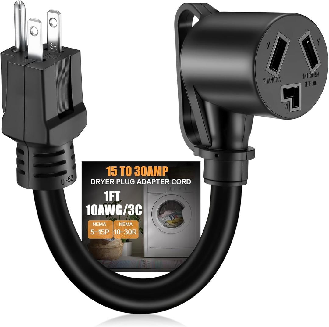 NEMA 5-15P to 10-30R 15Amp Dryer Adapter Cord Female Power Adapter with Handle 15 Amp 3 Prong Female Receptacle ONLY for 120V Device EV Power Cord, 12Inch, STW 10 Gauge, ETL Listed