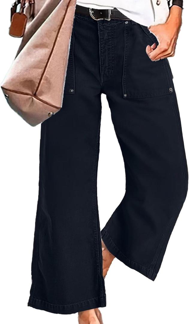 Flamingals Straight Wide Leg Jeans for Women Mid Waisted Casual Raw Hem Denim Capris Pants with Pockets (S)