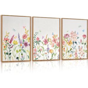 CHDITB Wildflower Framed Canvas Wall Art Set Of 3,Flower Artwork Modern Floral Wall Decor, Watercolor Nature Wall Painting, Minimalist Butterfly Art Prints For Bedroom Living Room Office Decor-12X16