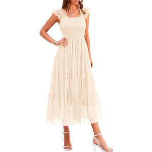 PRETTYGARDEN Women's Summer Midi Tulle Dress Sleeveless Smocked Square Neck Ruffle Flowy Party Wedding Guest Sundress (Beige, Small)