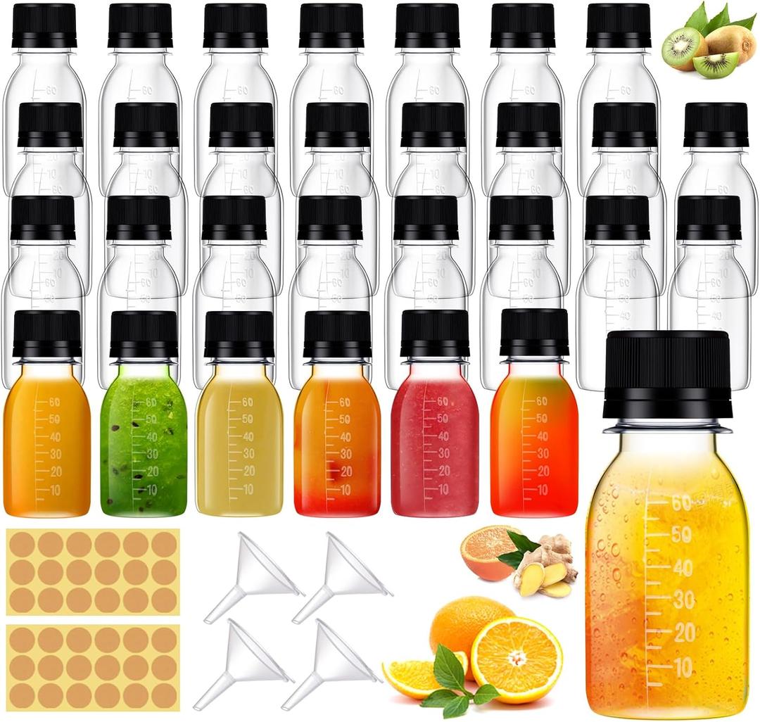 42 Pcs 2oz Plastic Bottles for Liquids, Mini Jars with Lids juice shot bottles with caps with Scale and Labels for Juice Ginger Sauce Bulk Portable Travel