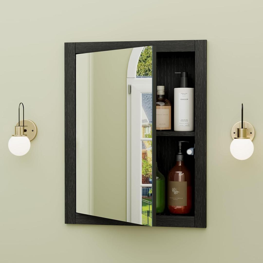 14'' * 18'' Recessed Medicine Cabinet with Mirror, 2-Tier Bathroom Wall Niche Wood Insert for Drywall, in Wall Shelf Medicine Cabinets Replacement, for Living Room, Bathroom Storage, Black