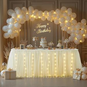 6FT Champagne Tulle Table Skirt with LED Lights for Rectangle or Round Tables 2-Layer Ruffle Tulle Tutu Cloth Desk Table Skirt for Birthday Party Baby Shower Wedding Banquet Cake Dessert Decorations
