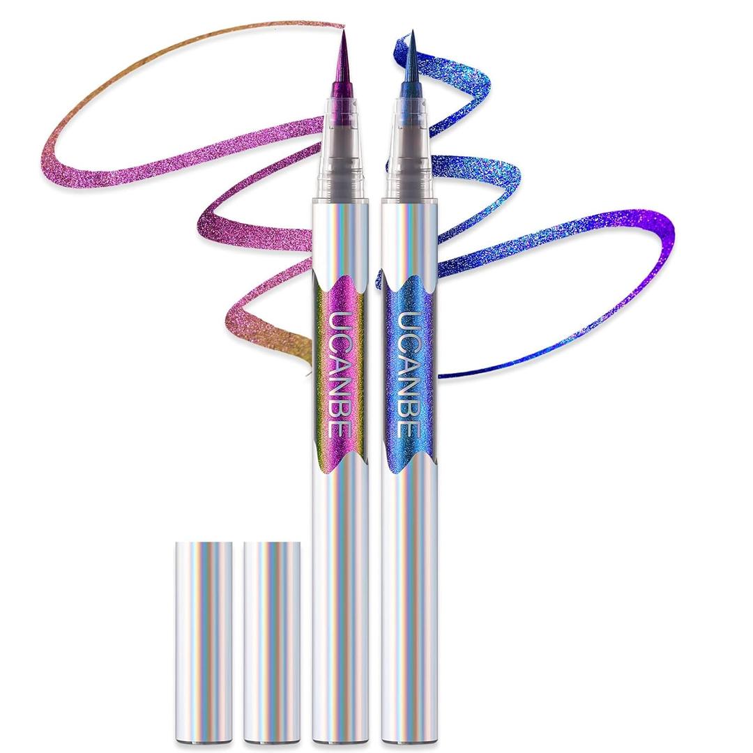 UCANBE Chameleon Liquid Eyeliner - Purple Blue Duo, Multi-Chrome Metallic Shift Eyeliner, Waterproof Glitter Eyeliner with Soft Fine Tip for Multi-Dimensional Eye Looks