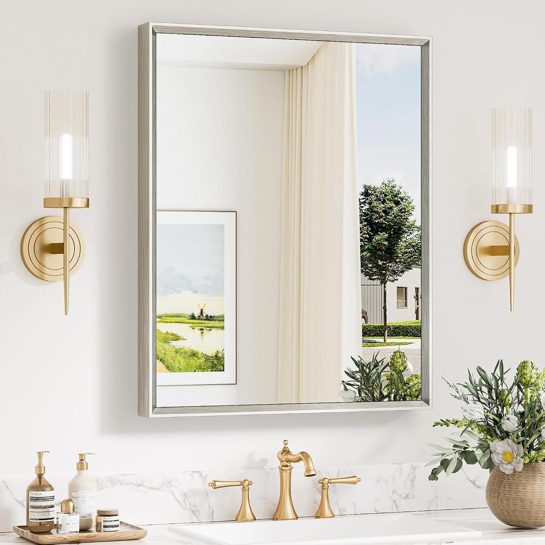 Keonjinn 24 x 30 Inch Brushed Nickel Bathroom Mirrors for Over Sink, Beveled Rectangle Framed Mirrors for Wall, Farmhouse Bathroom Vanity Mirror, Tempered Glass, Square Corner